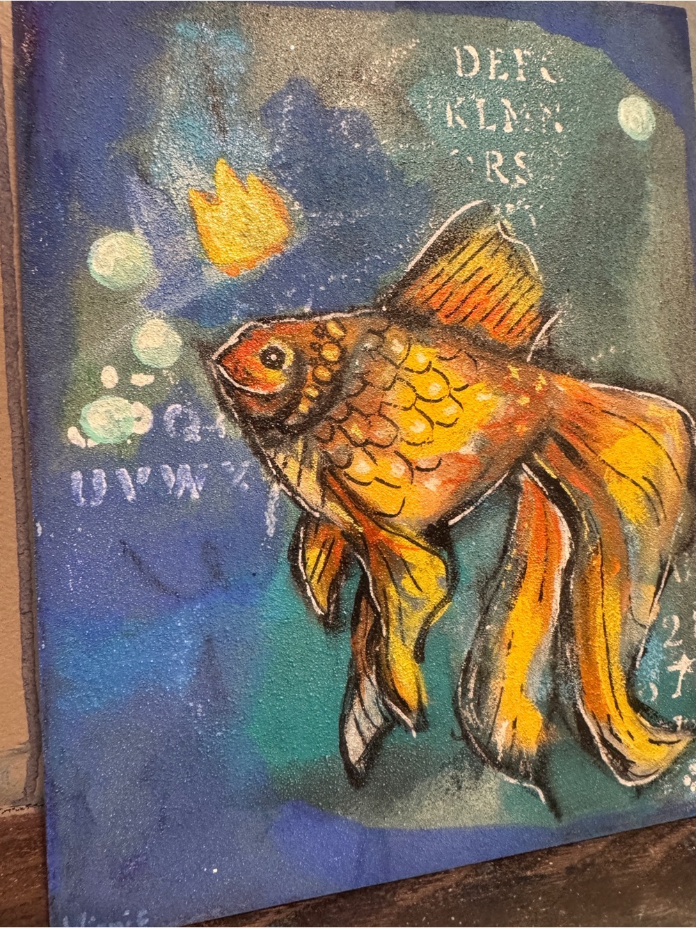 Original Mixed Media Fancy Goldfish Painting 8x10 Wood Canvas Art